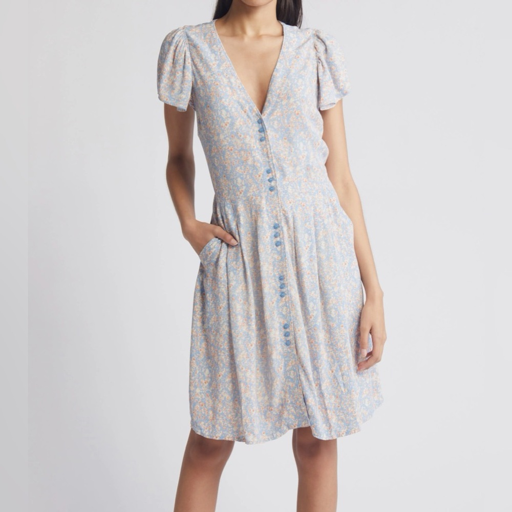 Floral Flutter Sleeve Button-Up Dress